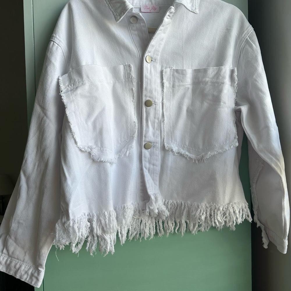 Pink Lily White Frayed Hem Denim Jacket
